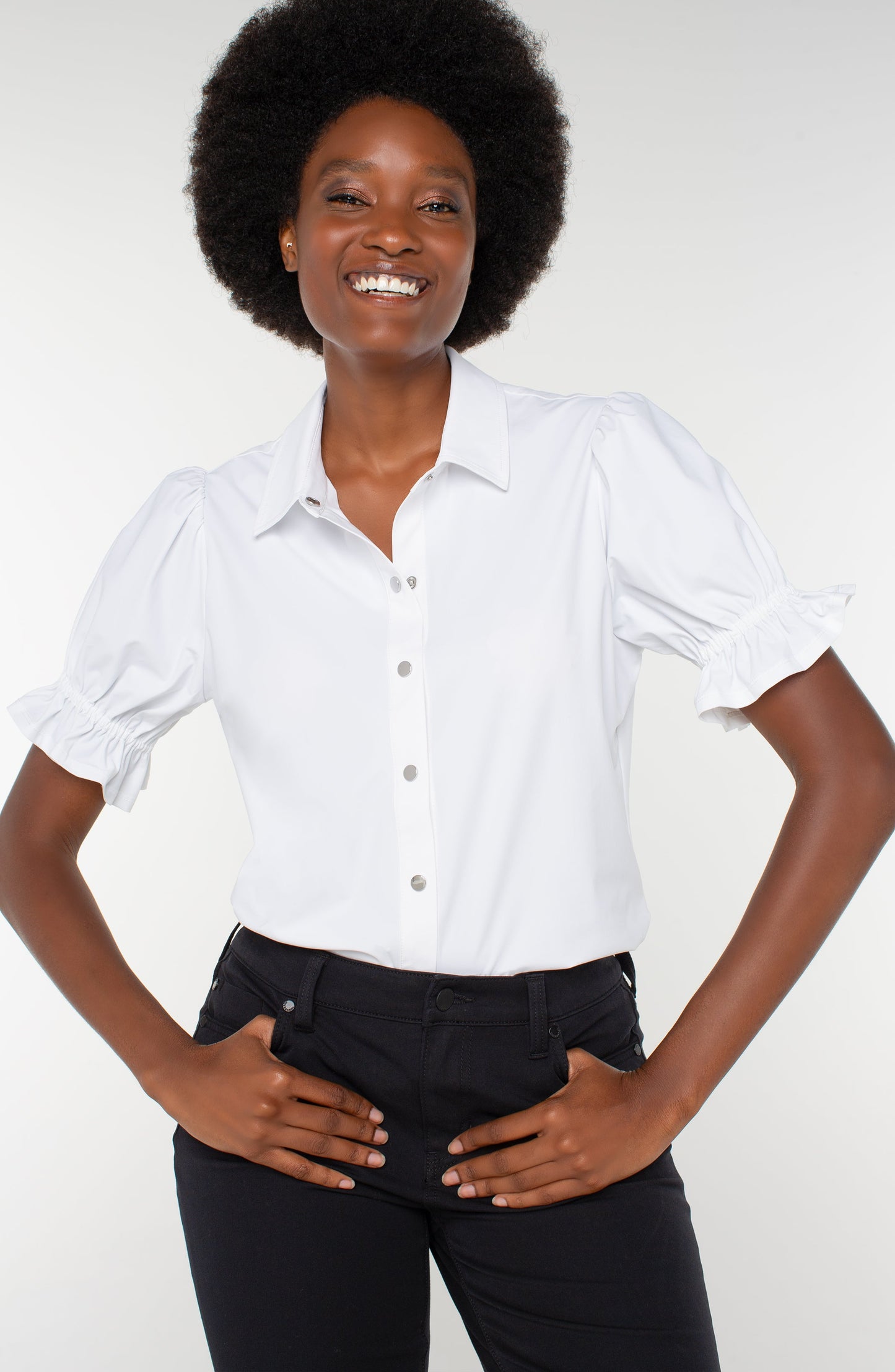 Elbow Puff Sleeve Snap Front Knit Shirt