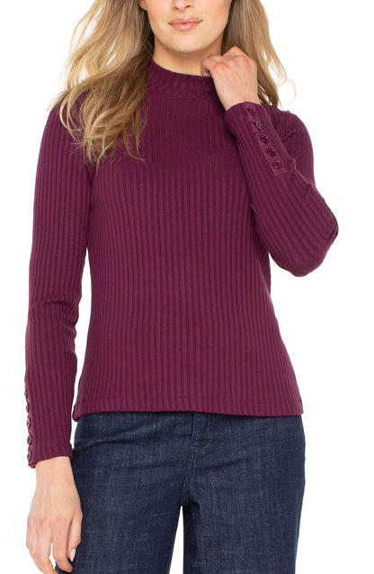 Long Sleeve Mock Neck Knit Top W/Button Detail