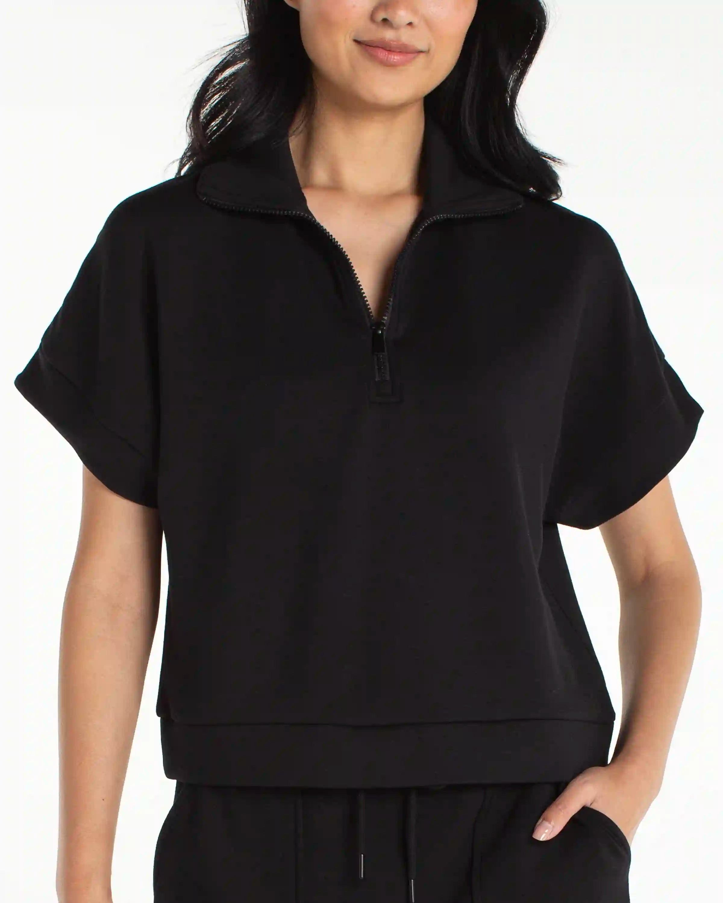 Half Zip Popover Short Sleeve Top