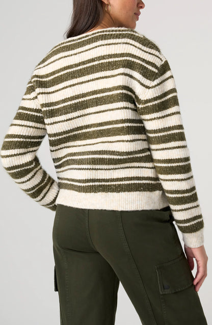 Button Front Cardigan Sweater in oatmeal and olive stripes by LIVERPOOL LOS ANGELES