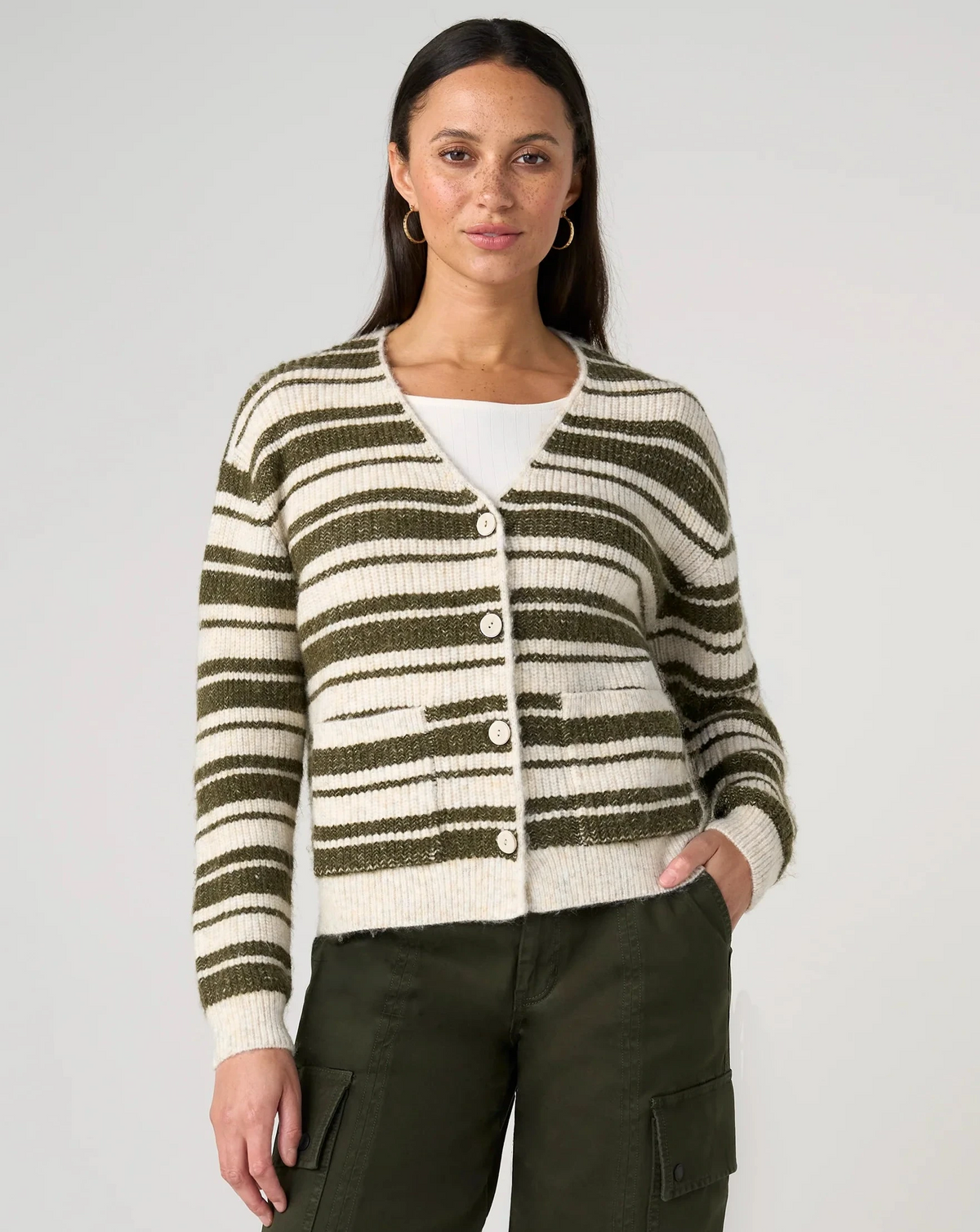 Button Front Cardigan Sweater in striped oatmeal and olive by LIVERPOOL LOS ANGELES