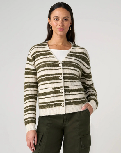 Button Front Cardigan Sweater in striped oatmeal and olive by LIVERPOOL LOS ANGELES