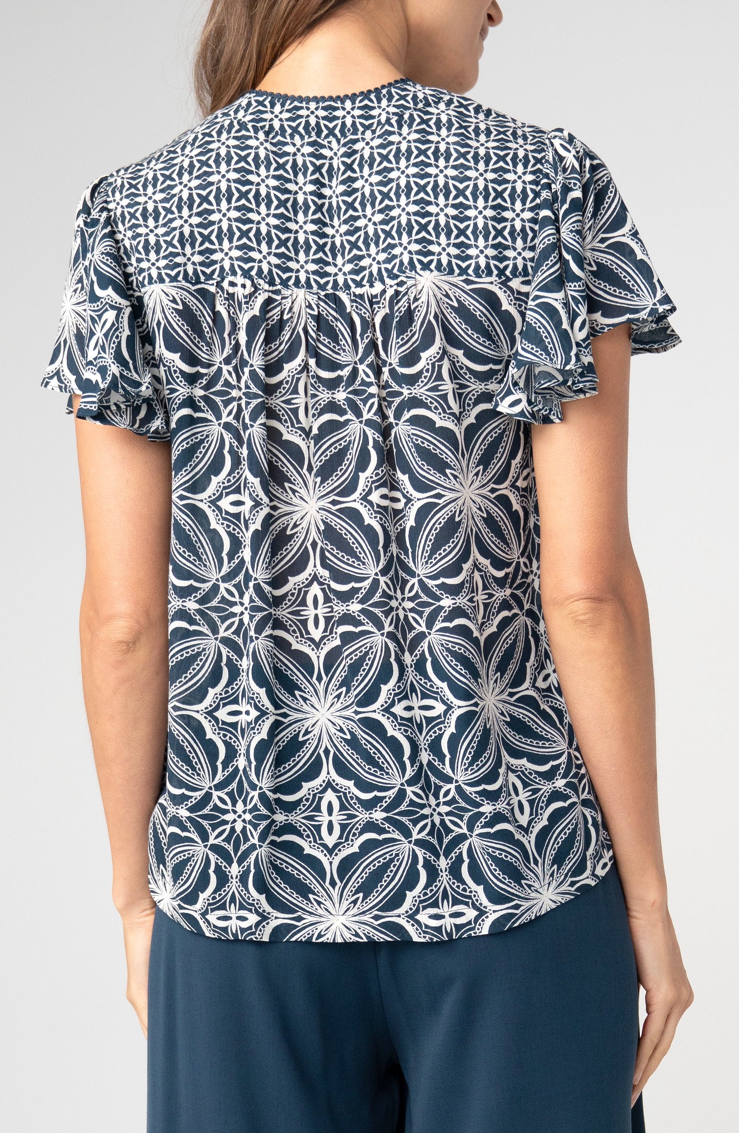 Flutter Sleeve Button Front Knit Top - Blue with Cream