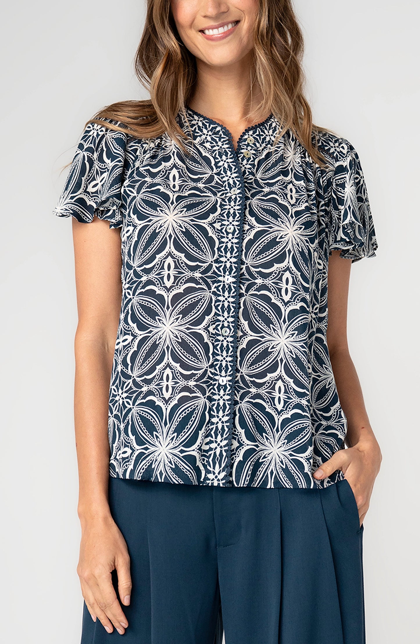 Flutter Sleeve Button Front Knit Top - Blue with Cream