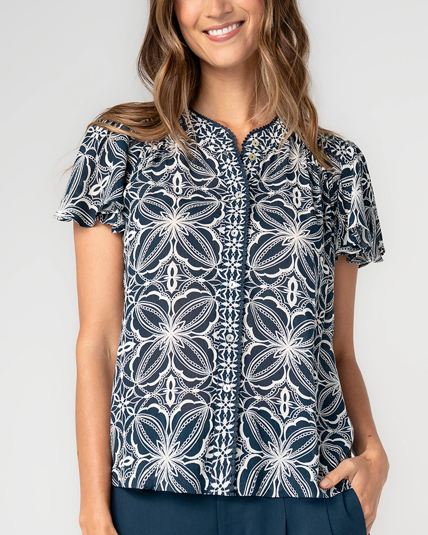 Flutter Sleeve Button Front Knit Top - Blue with Cream