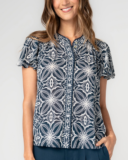 Flutter Sleeve Button Front Knit Top - Blue with Cream
