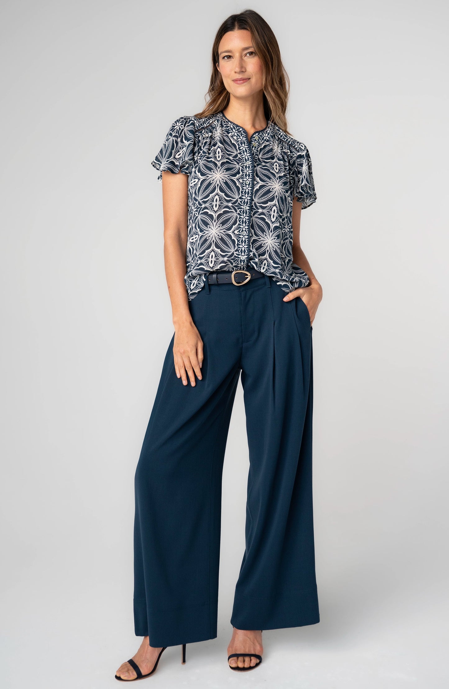 Flutter Sleeve Button Front Knit Top - Blue with Cream