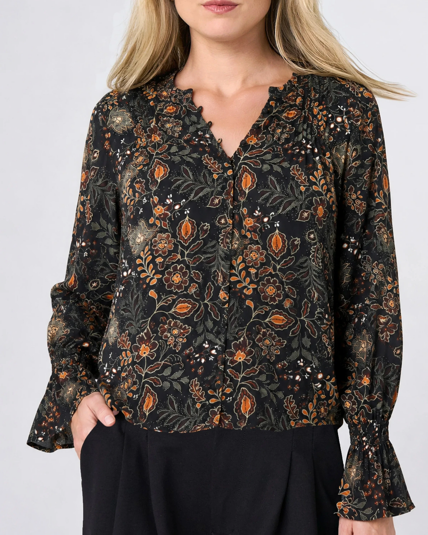 Long Sleeve Woven Blouse in black floral by LIVERPOOL LOS ANGELES