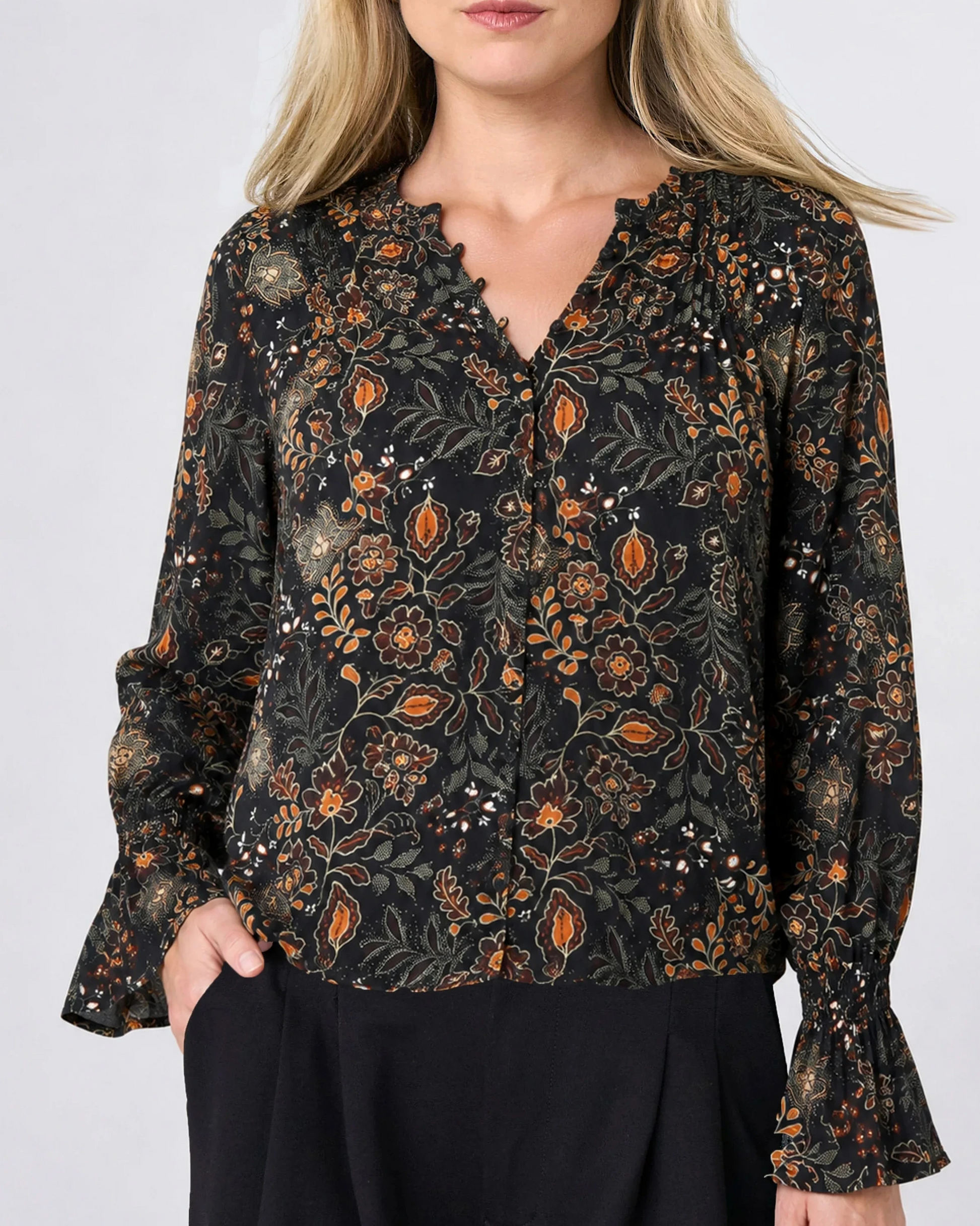 Long Sleeve Woven Blouse in black floral by LIVERPOOL LOS ANGELES
