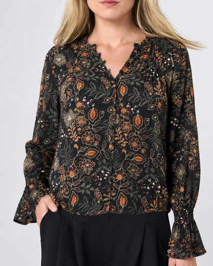 Long Sleeve Woven Blouse in black floral by LIVERPOOL LOS ANGELES