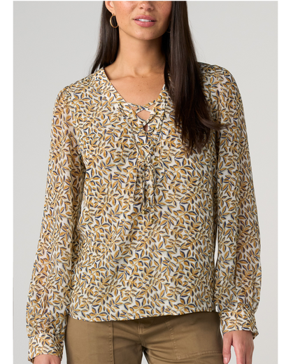 Long Sleeve Lace Up Woven Blouse