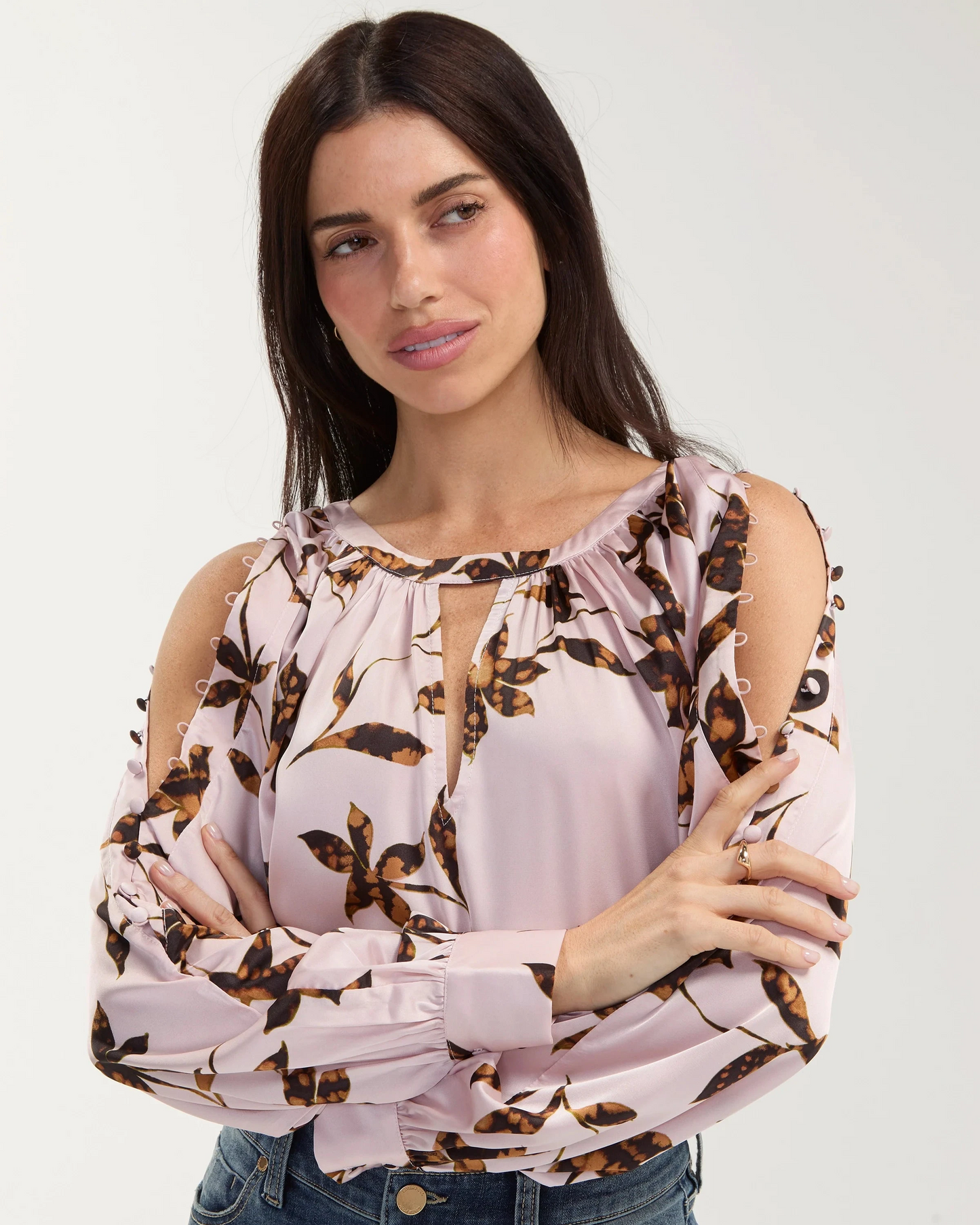 Long Sleeve Woven Blouse w/Button Detail