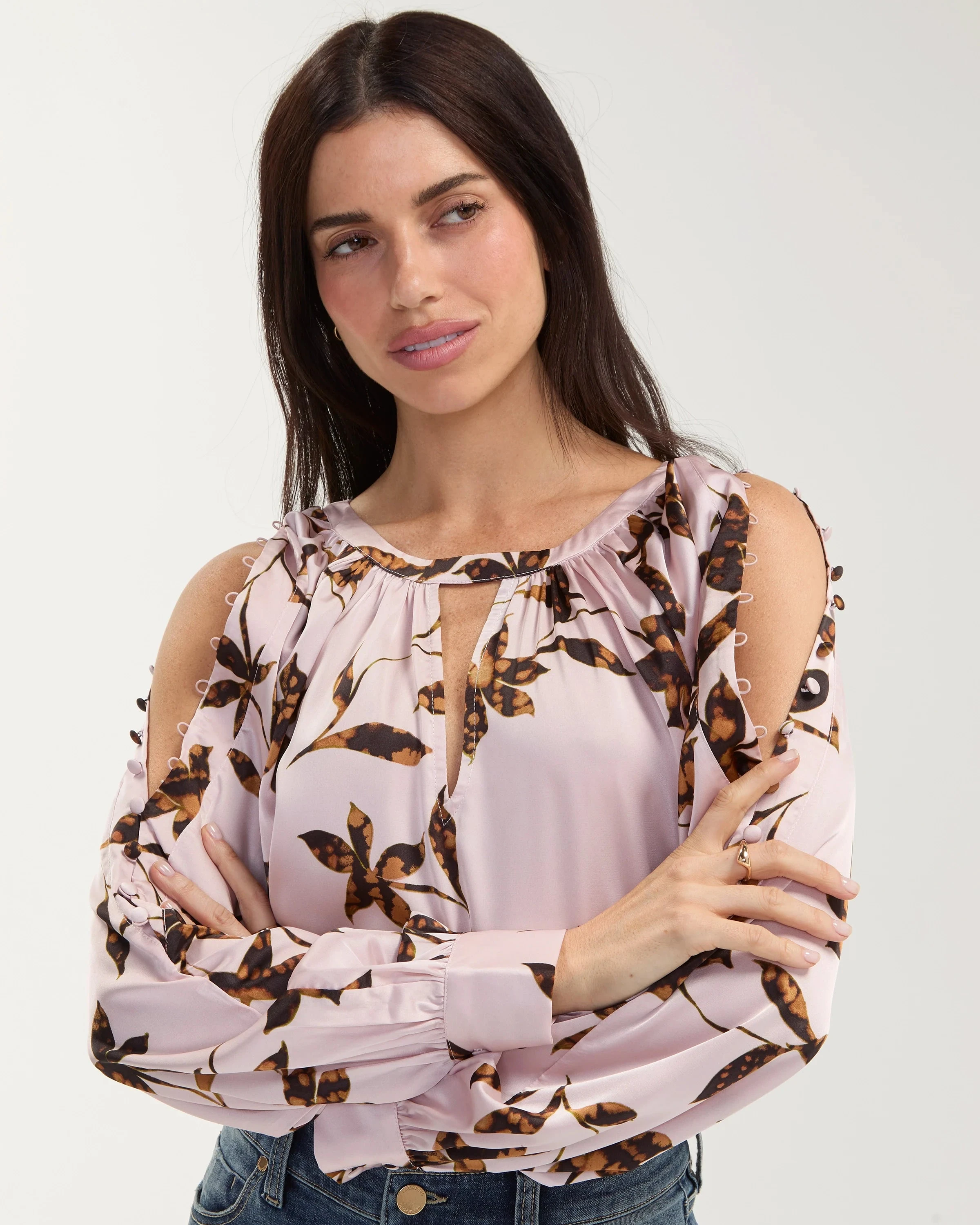 Long Sleeve Woven Blouse w/Button Detail