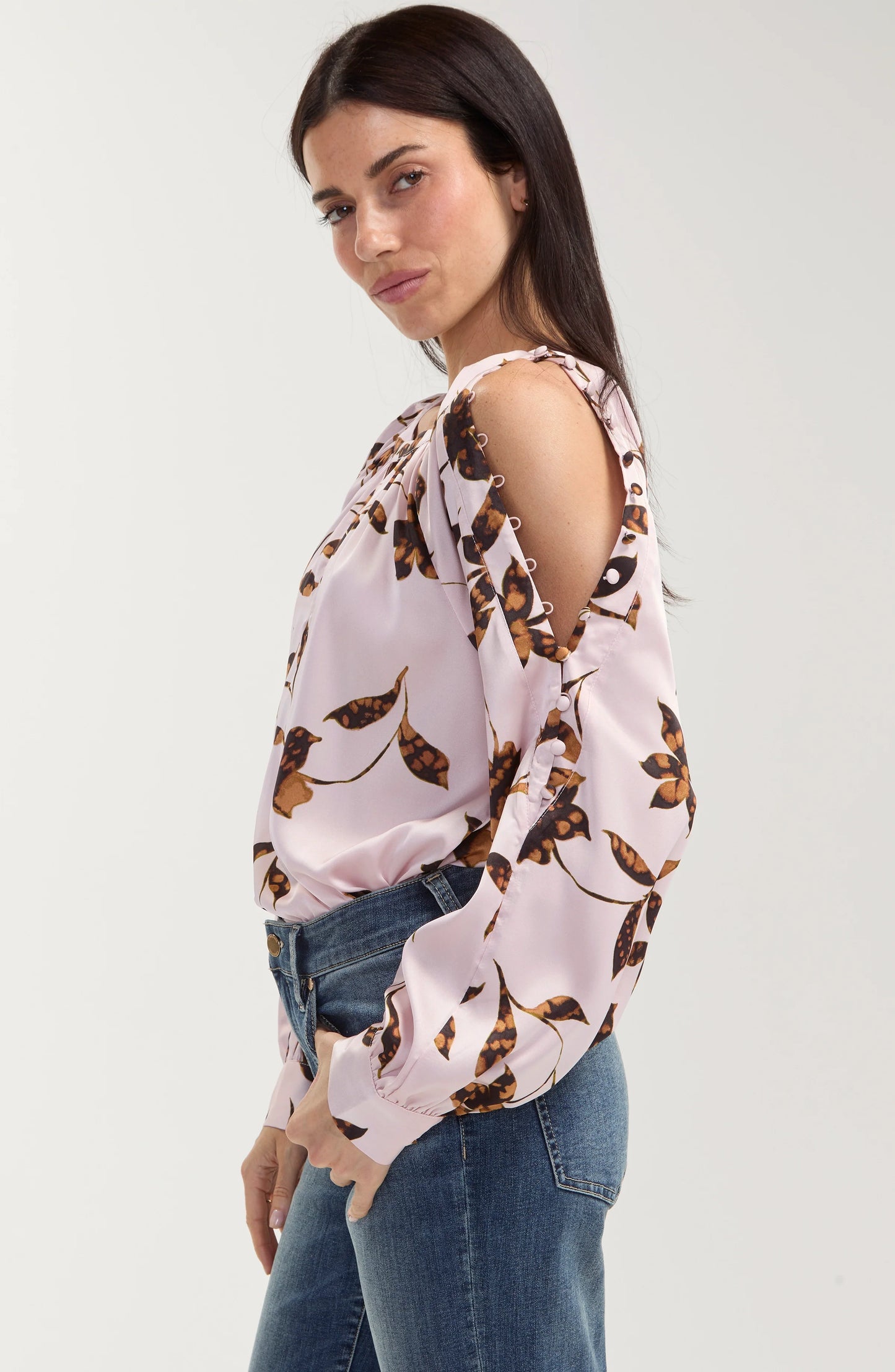 Long Sleeve Woven Blouse w/Button Detail