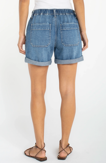 Elastic Back Roll Cuff Short in blue denim with straight leg fit and utility pockets