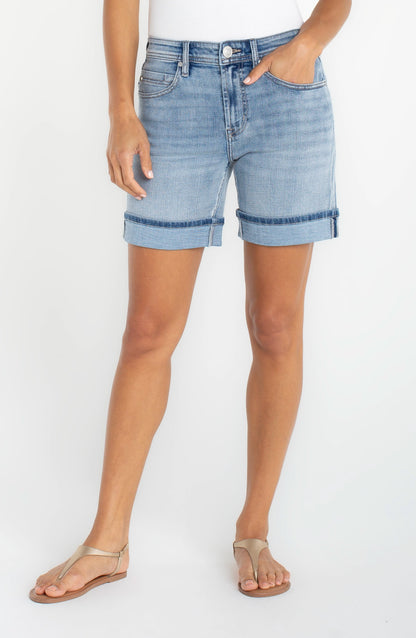 The Keeper Cuff Short in stretch blue denim with rolled cuff and relaxed boyfriend fit, Fredericksburg TX