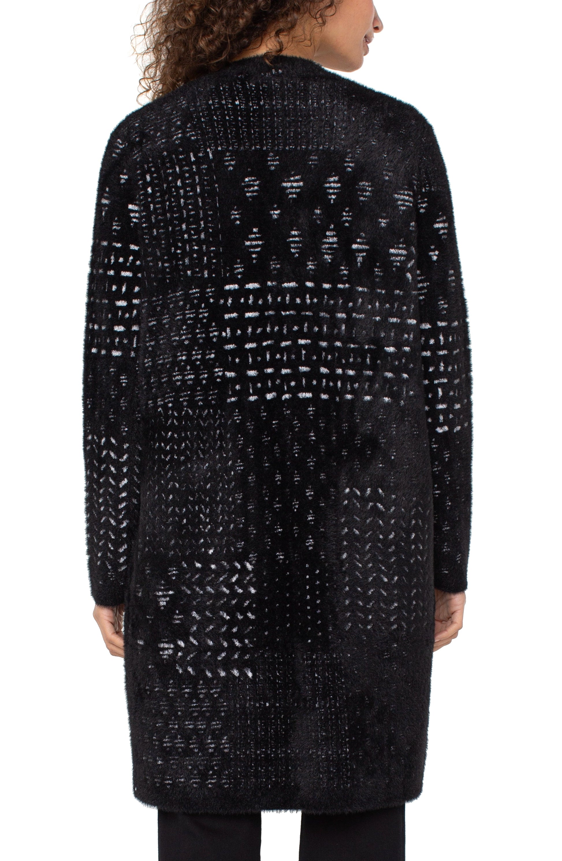 Long Slv Collarless Open Front Sweater Coat in black geometric knit by LIVERPOOL LOS ANGELES