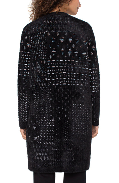 Long Slv Collarless Open Front Sweater Coat in black geometric knit by LIVERPOOL LOS ANGELES