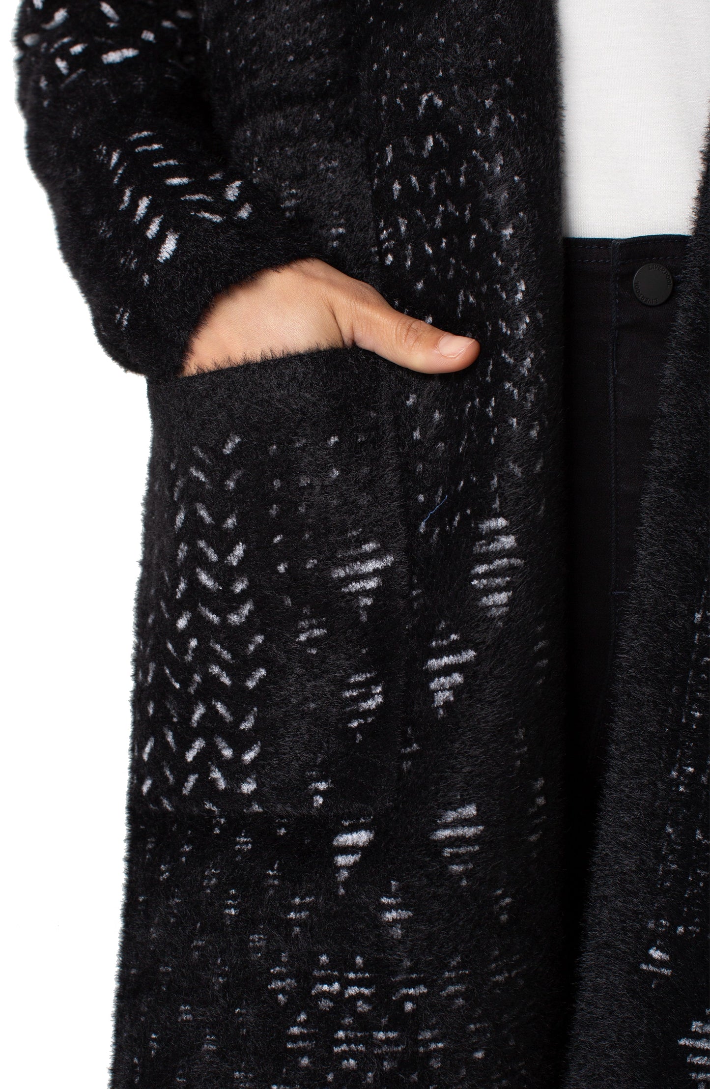 Long Slv Collarless Open Front Sweater Coat in black white geometric knit, curated Fredericksburg TX