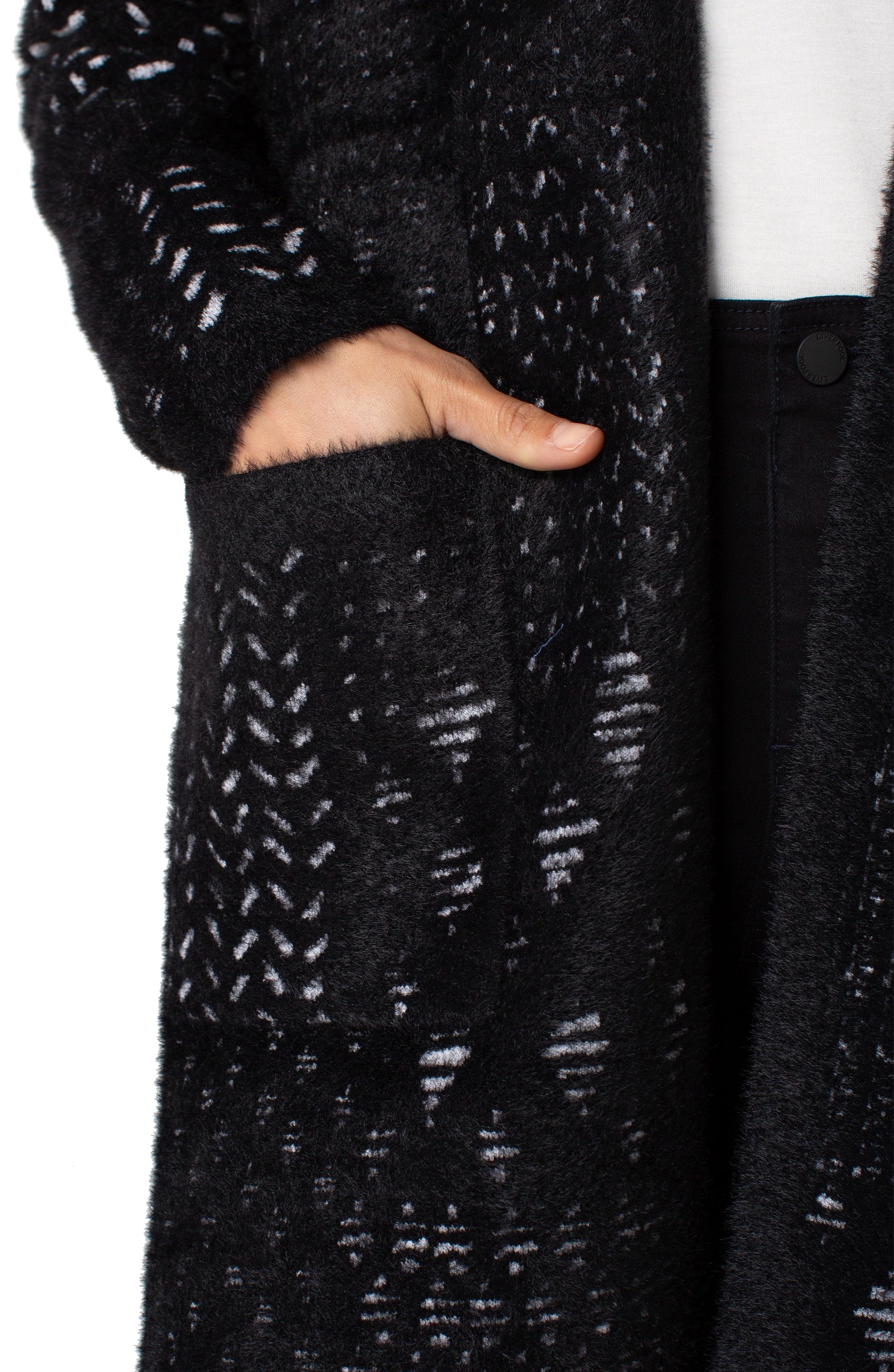 Long Slv Collarless Open Front Sweater Coat in black white geometric knit, curated Fredericksburg TX