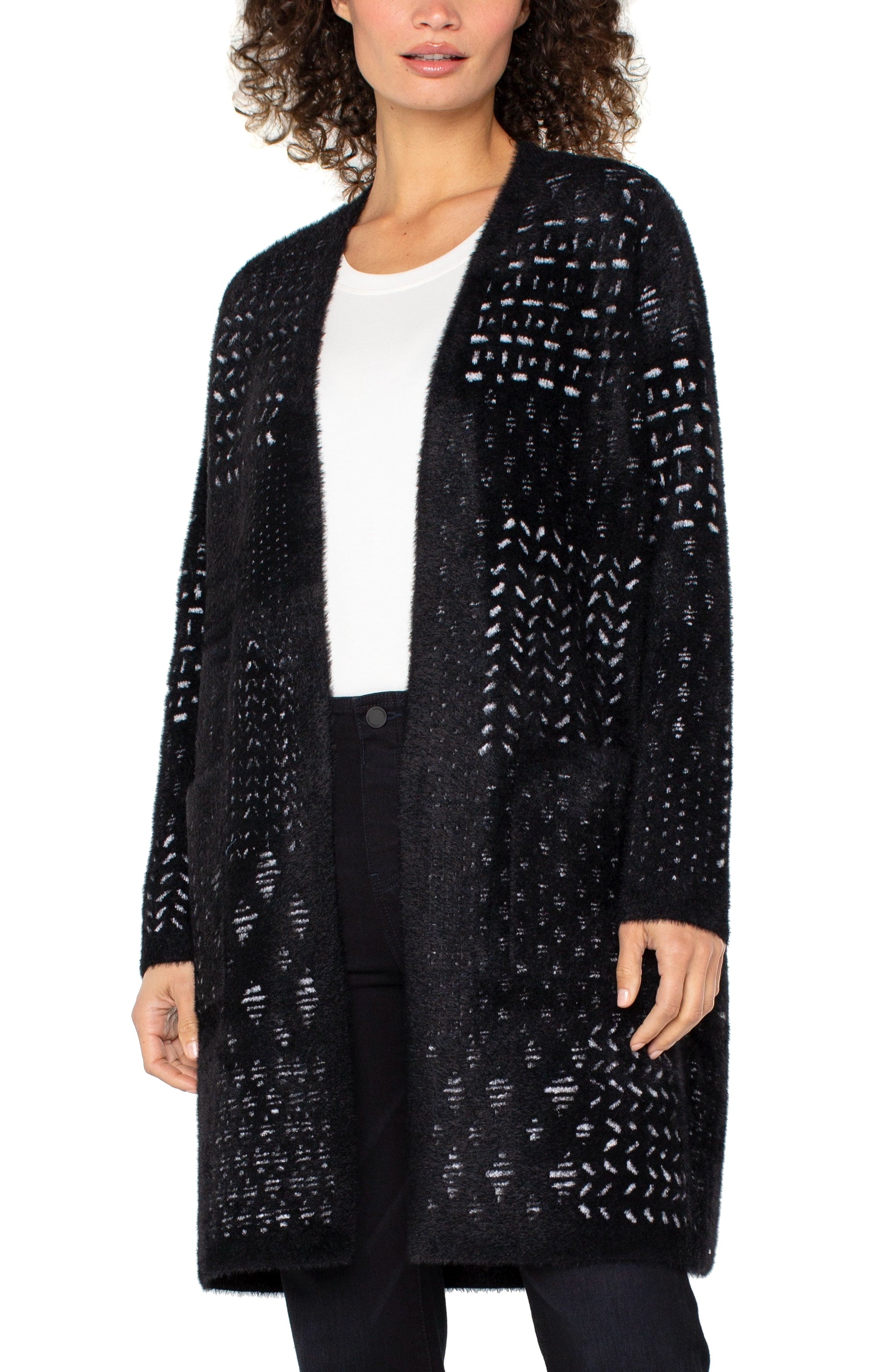 Long Slv Collarless Open Front Sweater Coat in black white geometric patchwork by LIVERPOOL LOS ANGELES