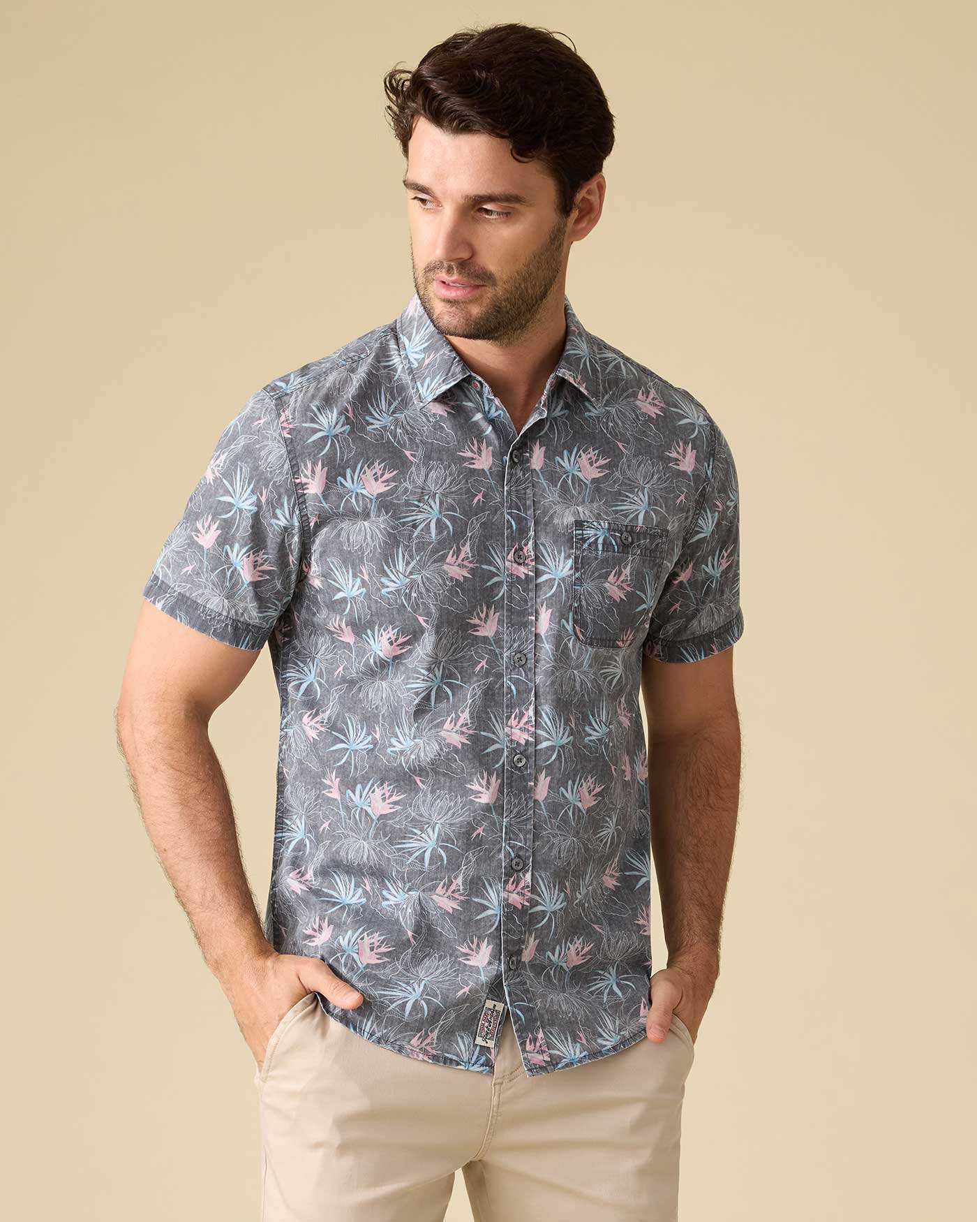 Glover SS Floral Vintage Soft Shirt in blue floral pattern, stretchable fabric, FLAG & ANTHEM boutique