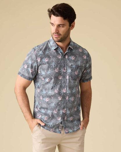 Glover SS Floral Vintage Soft Shirt in blue floral pattern, stretchable fabric, FLAG & ANTHEM boutique