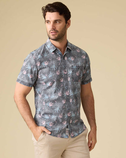 Glover SS Floral Vintage Soft Shirt in muted blue floral print, stretch fabric, Fredericksburg boutique