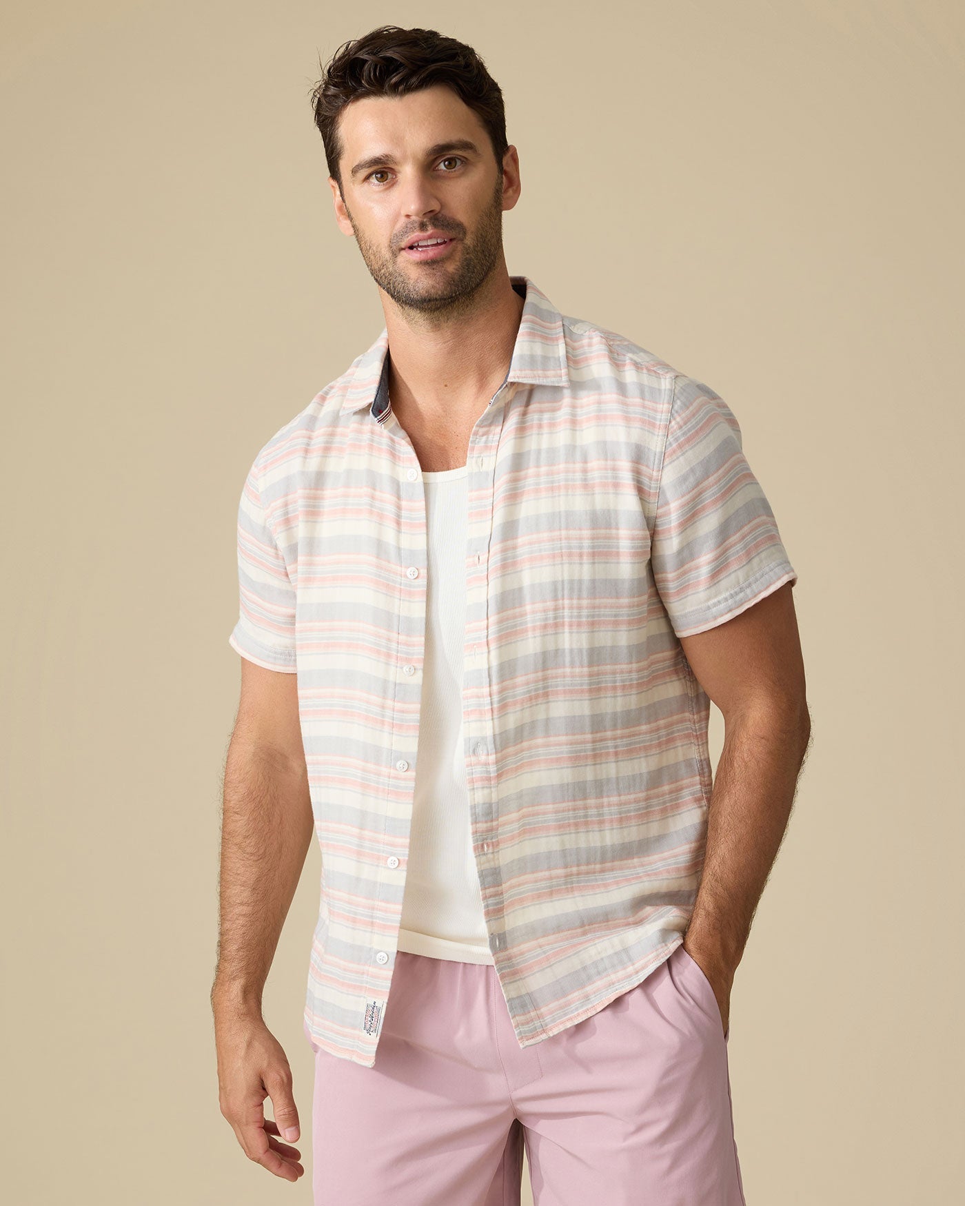 Alameda SS Stripe Shirt in soft breathable cotton with pastel pink and cream stripes by FLAG & ANTHEM