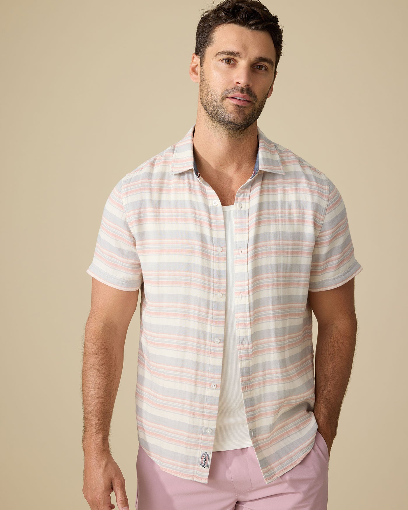 Alameda SS Stripe Shirt in soft breathable cotton with muted pink and cream stripes by FLAG & ANTHEM
