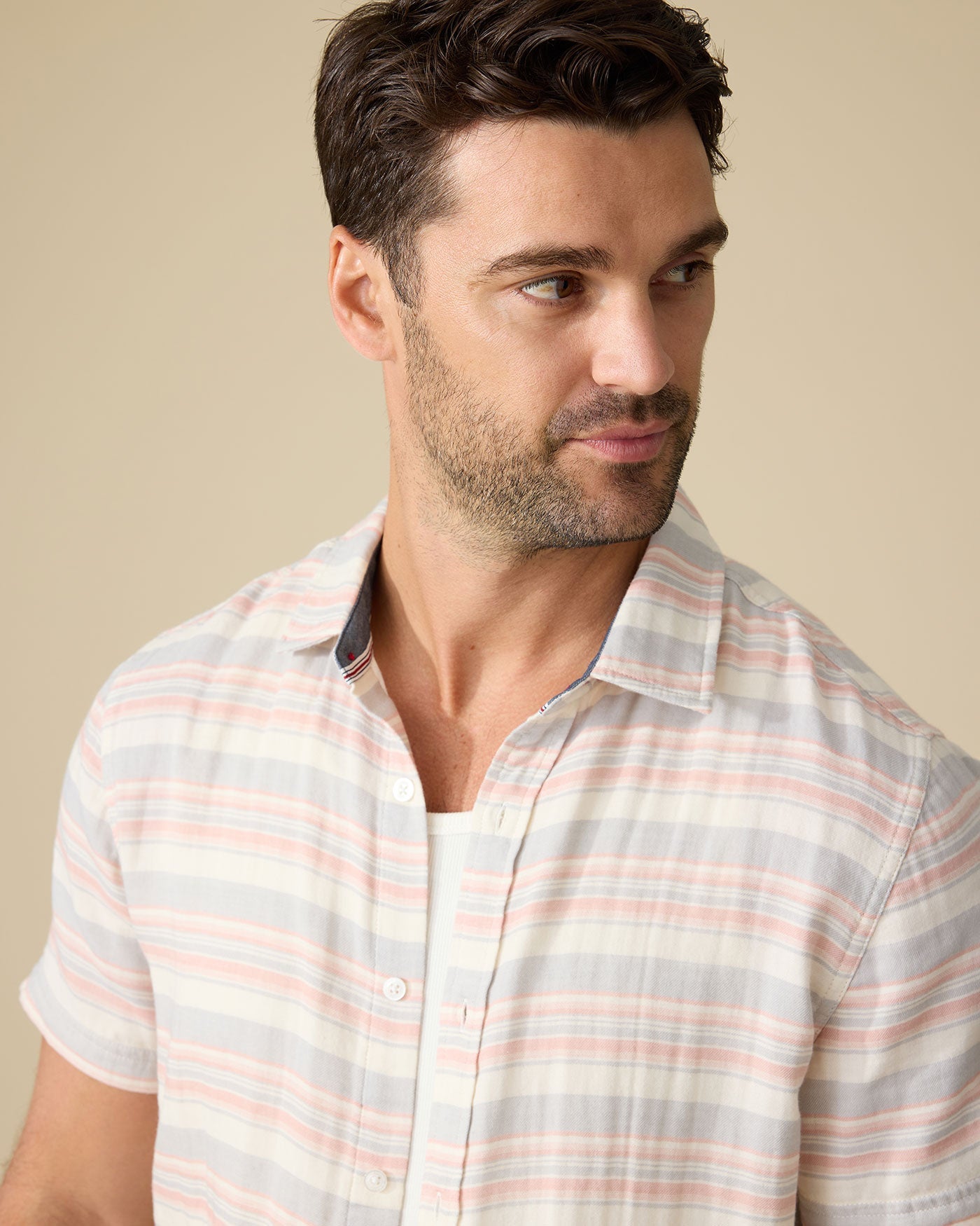 Alameda SS Stripe Shirt in soft cotton with subtle pink and cream stripes by FLAG & ANTHEM