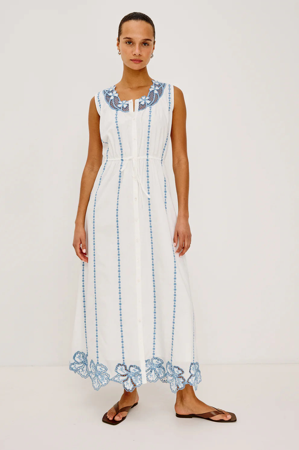 Lorina - White cotton maxi dress with blue floral embroidery and adjustable waist ties by RAILS