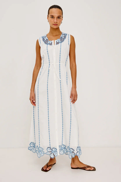Lorina - White cotton maxi dress with blue floral embroidery and adjustable waist ties by RAILS