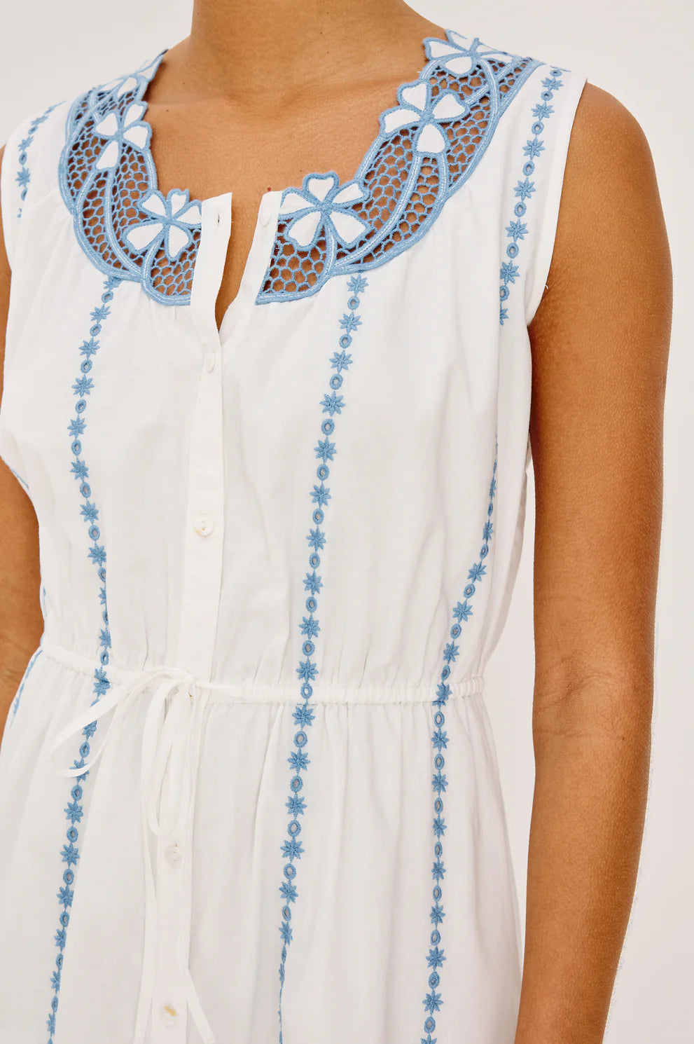 Lorina - White cotton maxi dress with blue floral embroidery and lace collar by RAILS