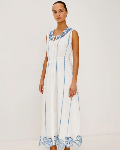 Lorina - White breezy cotton maxi dress with blue floral embroidery and adjustable waist ties