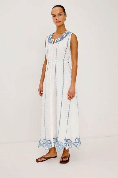 Lorina - White cotton maxi dress with blue floral embroidery and adjustable waist ties by RAILS