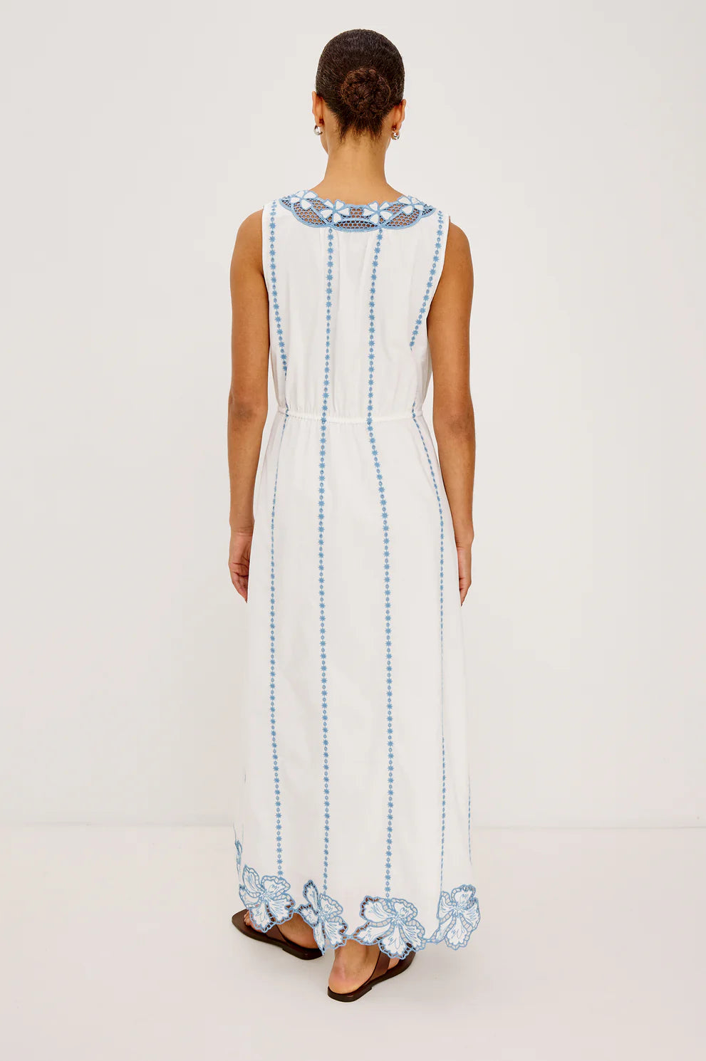 Lorina - White cotton maxi dress with blue floral embroidery and adjustable waist ties by RAILS
