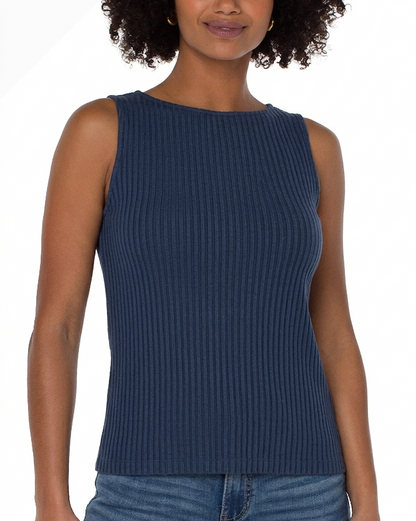 Sleeveless Boat Neck Rib Knit Top - Club Navy