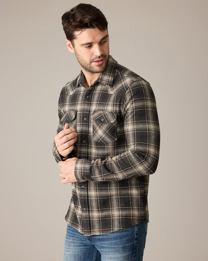 Loredo Ls Western Hero Knit Flannel in stretchable brown beige black plaid by FLAG & ANTHEM