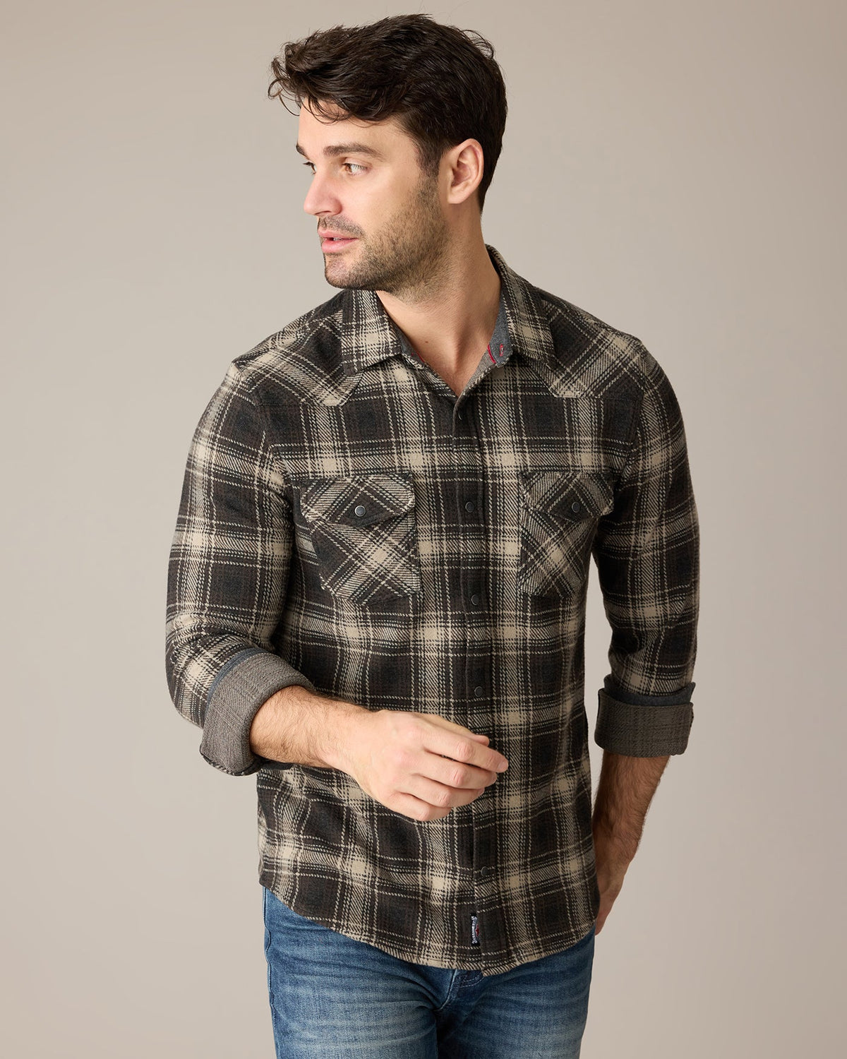 Loredo Ls Western Hero Knit Flannel in brown beige black checkered stretch fabric by FLAG & ANTHEM