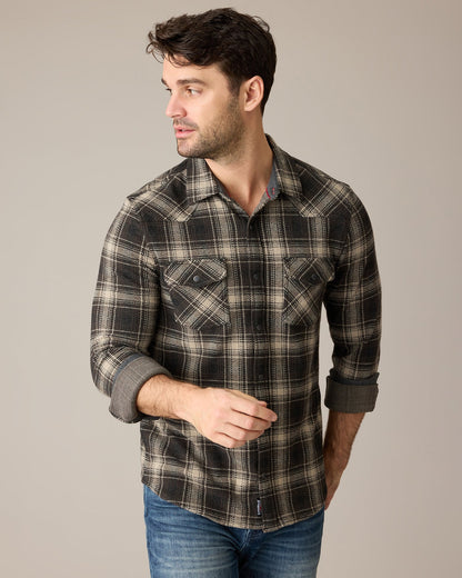 Loredo Ls Western Hero Knit Flannel in brown beige black checkered stretch fabric by FLAG & ANTHEM