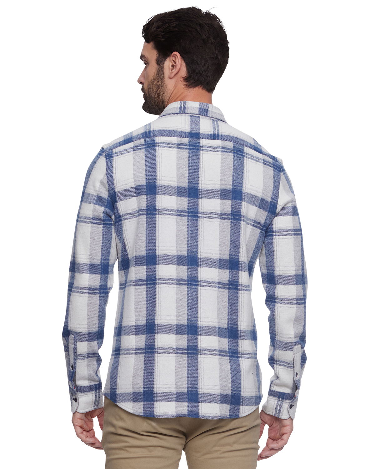 Cordova long-sleeve knit flannel shirt in cream/blue plaid, back view, button closure