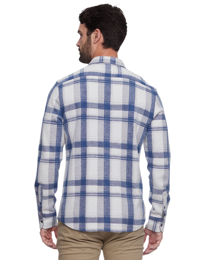 Cordova long-sleeve knit flannel shirt in cream/blue plaid, back view, button closure