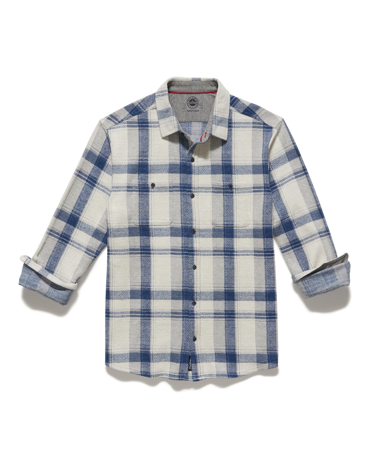 Cordova long-sleeve knit flannel shirt, cream/blue plaid, collared with button front