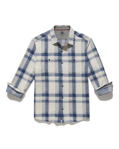 Cordova long-sleeve knit flannel shirt, cream/blue plaid, collared with button front