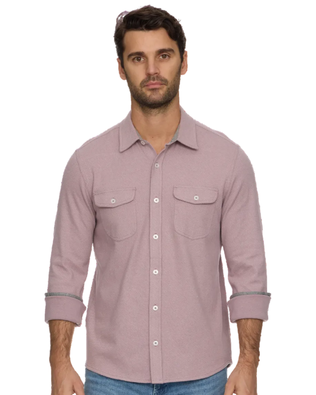 Hero Solid Twill Knit Flannel Shirt in beige stretch fabric from FLAG & ANTHEM Men's Long Sleeve Shirts