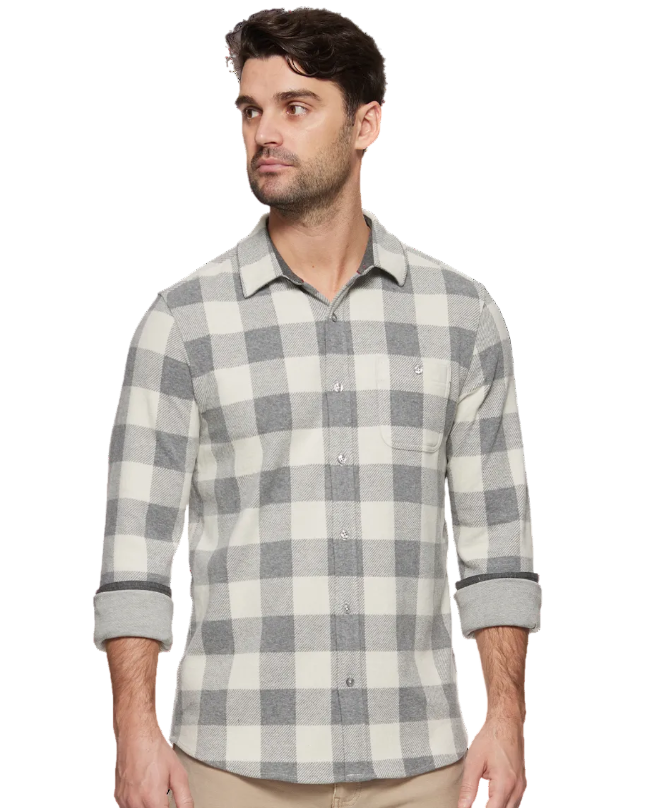Thatcher Ls Hero Knit Flannel Shirt in gray and navy check by FLAG & ANTHEM, men's long sleeve