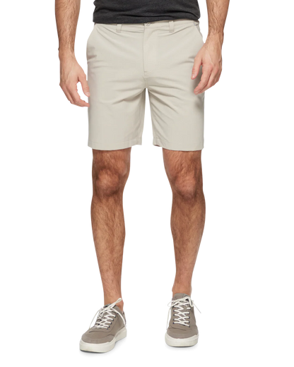 COTTON BLEND ANY-WEAR PERFORMANCE SHORT - 8" INSEAM in beige with stretch, quick-dry by FLAG & ANTHEM