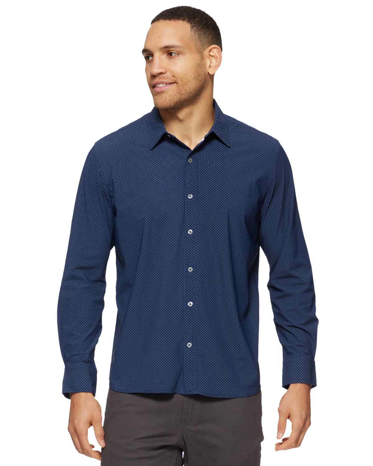 Loretto LS Dot Print Journey Shirt in navy dot print by FLAG & ANTHEM
