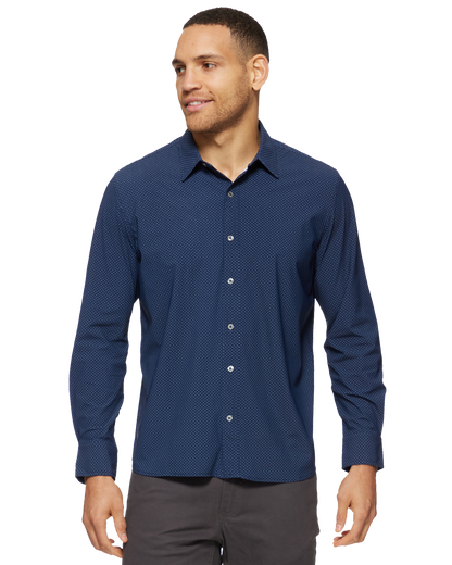 Loretto LS Dot Print Journey Shirt in navy dot print by FLAG & ANTHEM